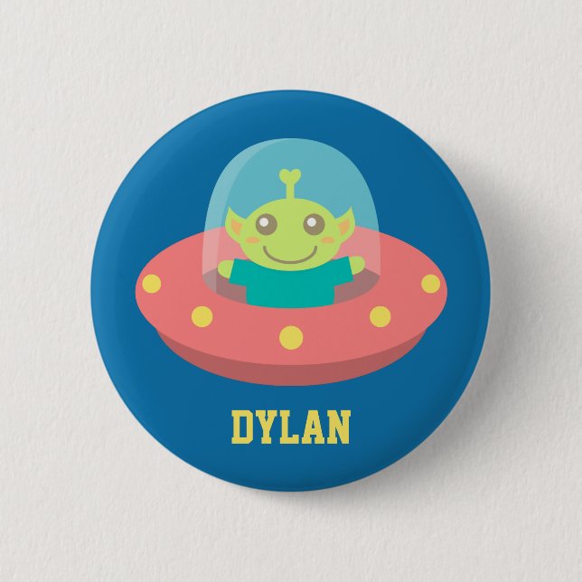 Badge Rond 5 Cm Alien mignon dans un vaisseau spatial, espace extr (Devant)