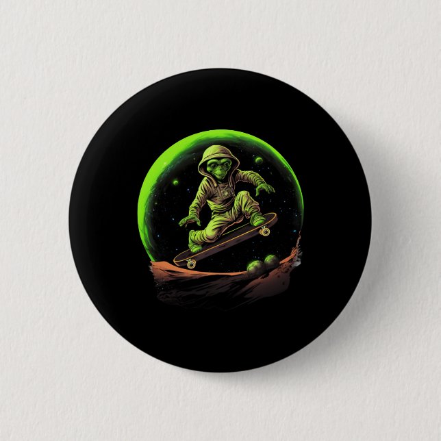 Badge Rond 5 Cm Alien Skateboardiste Sur L'Anneau De Saturne Espac (Devant)