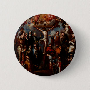 Badge Rond 5 Cm Allégorie de la Crucifixion avec des saints jésuit