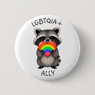 Badge Rond 5 Cm Alliance LGBTQIA+   Raccoon avec Rainbow Heart