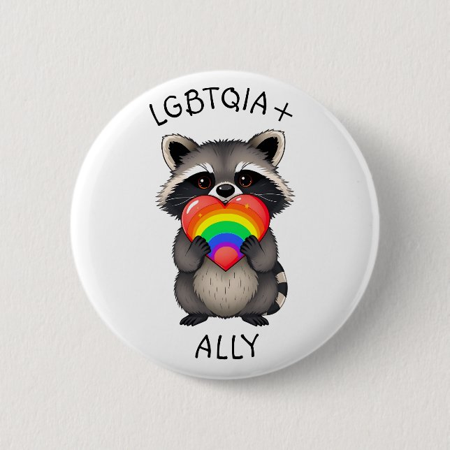 Badge Rond 5 Cm Alliance LGBTQIA+ | Raccoon avec Rainbow Heart (Devant)