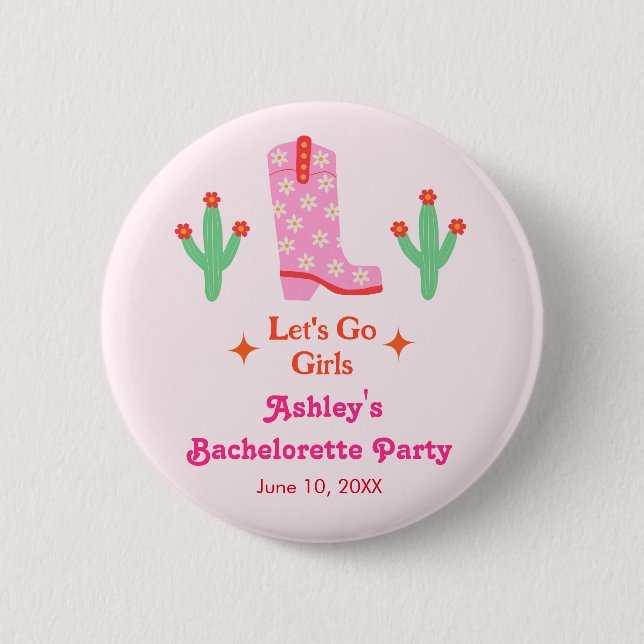 Badge Rond 5 Cm Allons-y Filles Pink Cowgirl Bachelorette Party (Devant)