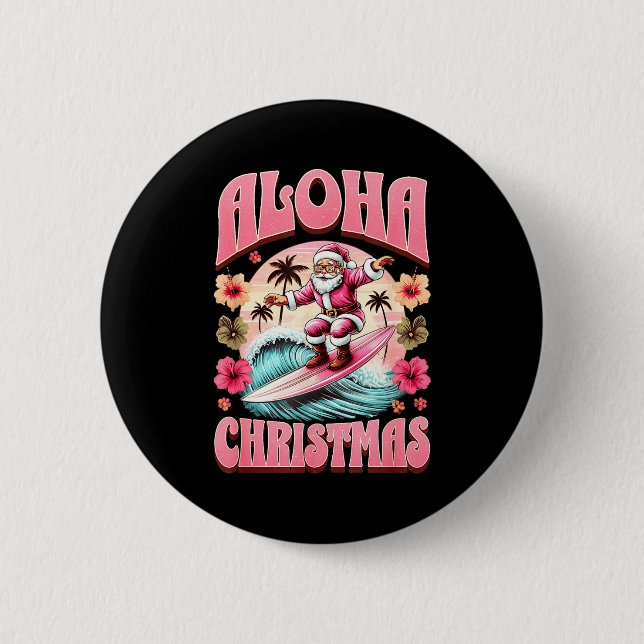 Badge Rond 5 Cm Aloha Christmas Santa Claus Surfing Hawaiian Mele  (Devant)