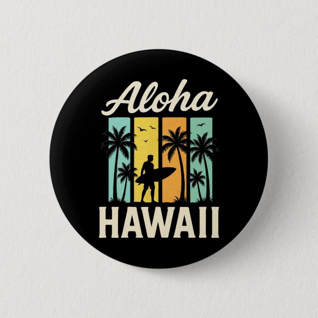 Badge Rond 5 Cm Aloha Hawaii - Plage de surf Palmier Coucher de so (Devant)