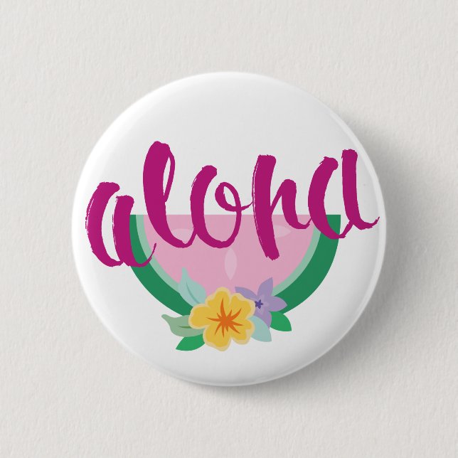 Badge Rond 5 Cm "Aloha" Pink & Green Watermelon Slice Tropical (Devant)