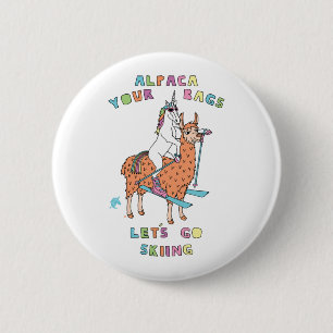 Badge Rond 5 Cm Alpaca Vos Sacs Allez Skier Unicorn