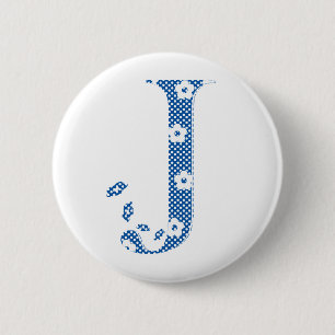 Badge Rond 5 Cm alphabet fleuri J (bleu et points)