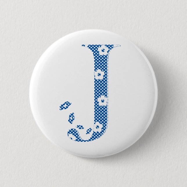 Badge Rond 5 Cm alphabet fleuri J (bleu et points) (Devant)