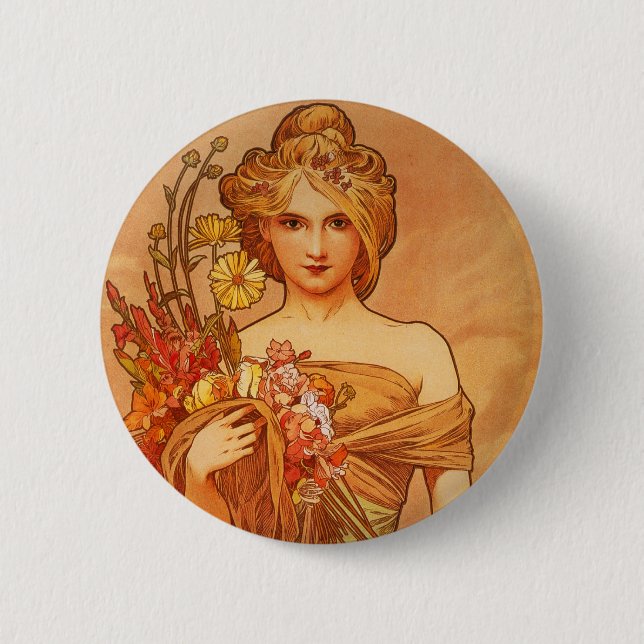 Badge Rond 5 Cm Alphonse (Alfons) Mucha Bouquet (Devant)