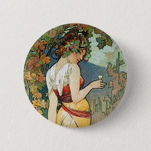 Badge Rond 5 Cm Alphonse (Alfons) Mucha : Cognac - Art Nouveau