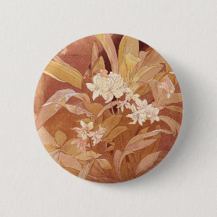Badge Rond 5 Cm Alphonse Mucha Art Nouveau Détail floral