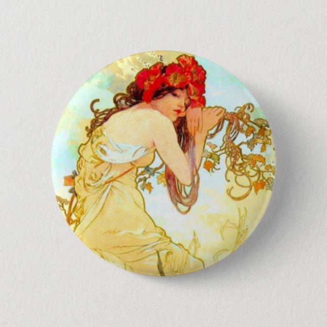Badge Rond 5 Cm Alphonse Mucha Art Nouveau Été (Devant)