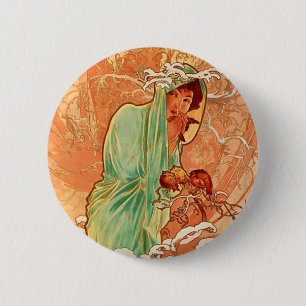 Badge Rond 5 Cm Alphonse Mucha Art Nouveau Hiver