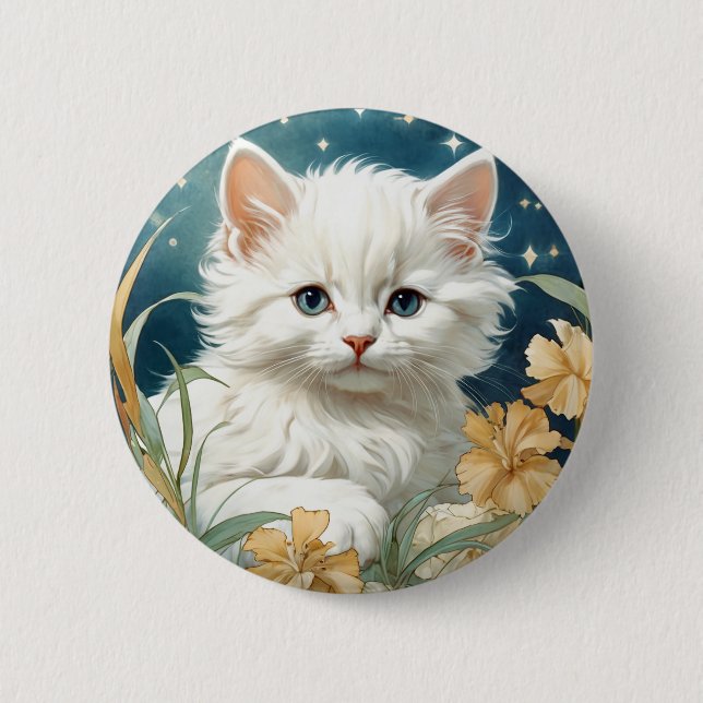 Badge Rond 5 Cm Alphonse Mucha Art Nouveau Kitten (Devant)