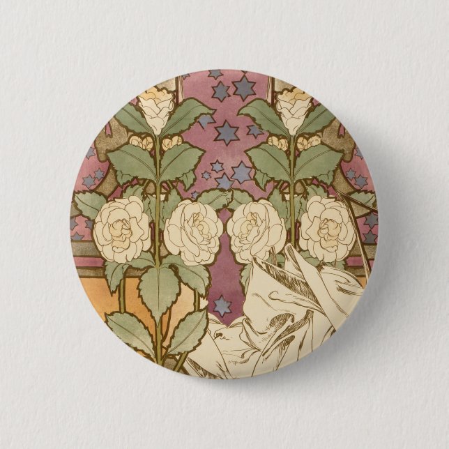 Badge Rond 5 Cm Alphonse Mucha Elegant Art Nouveau Stars Camellia  (Devant)