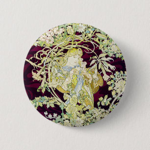 Badge Rond 5 Cm Alphonse Mucha Femme au marguerite Art nouveau Art