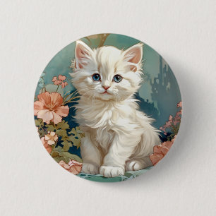 Badge Rond 5 Cm Alphonse Mucha Style Chat blanc