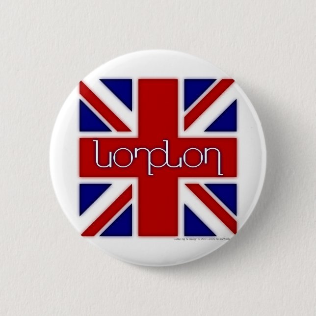 Badge Rond 5 Cm Ambigram de "Londres" sur le drapeau BRITANNIQUE (Devant)