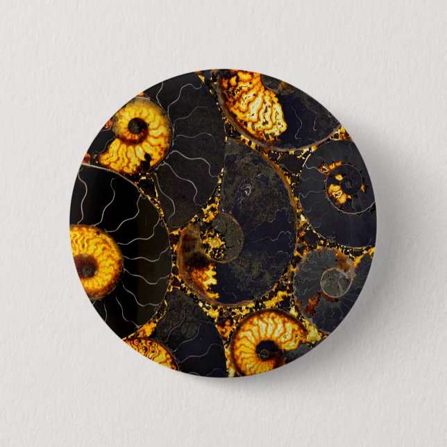 Badge Rond 5 Cm Ambre doré noir Nautilus motif, fossile (Devant)