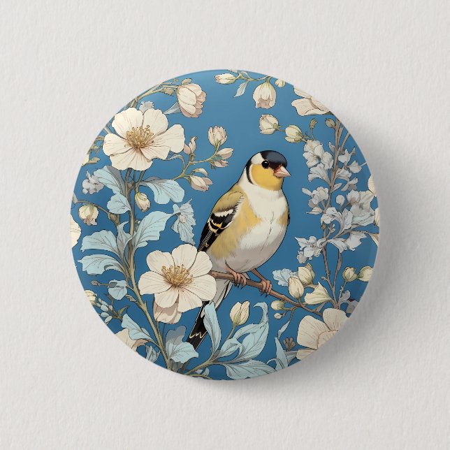 Badge Rond 5 Cm American Goldfinch William Morris Inspired (Devant)