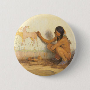 Badge Rond 5 Cm Amérindien vintage, artiste indien par souris