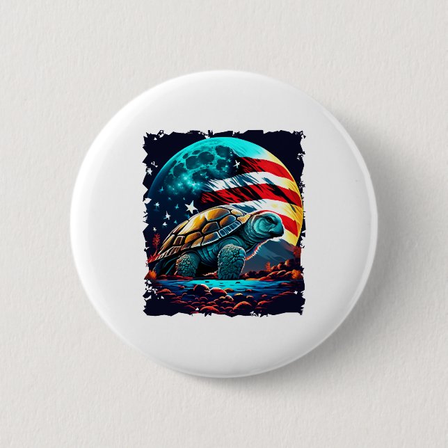 Badge Rond 5 Cm Amérique tortue sous lune avec drapeau américain (Devant)