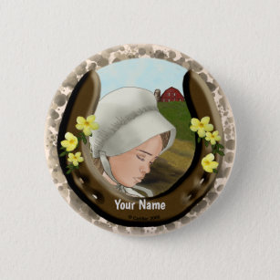 Badge Rond 5 Cm Amish Horseshoe Girl nom personnalisé