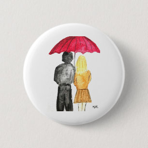 Badge Rond 5 Cm Amour couple avec parapluie rouge Saint Valentin