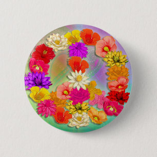 Badge Rond 5 Cm Amour et paix… et bouton de fleurs