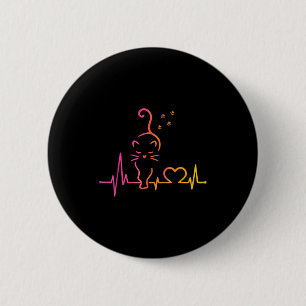 Badge Rond 5 Cm Amoureux des chats au rythme cardiaque Silhouette