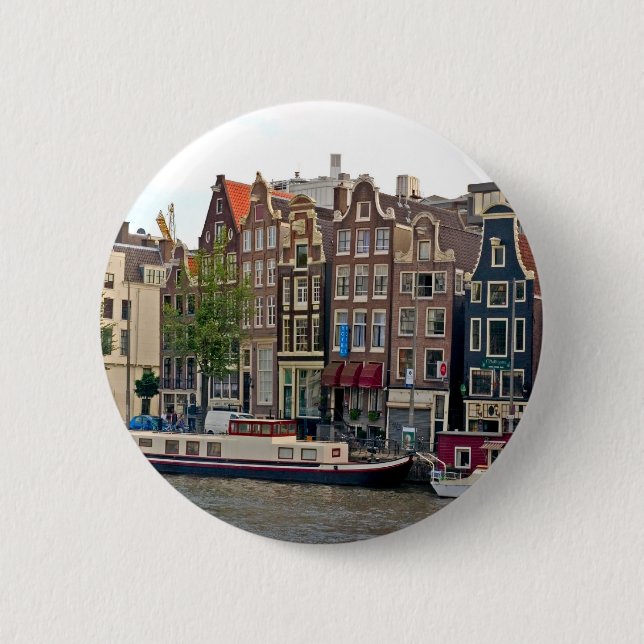 Badge Rond 5 Cm Amsterdam, maisons sur le canal (Devant)