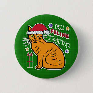 Badge Rond 5 Cm Amusant Noël Chat Feline Festif Jeu de Fêtes