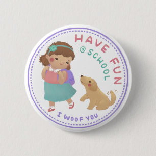 Badge Rond 5 Cm Amusez-vous à l'école fille et chiot