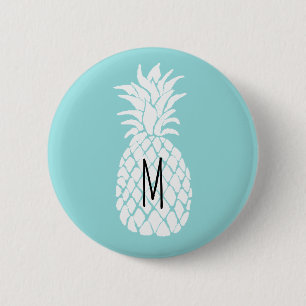 Badge Rond 5 Cm ananas blanc monogramme sur bleu pastel