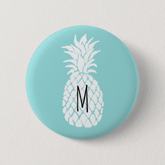 Badge Rond 5 Cm ananas blanc monogramme sur bleu pastel (Devant)