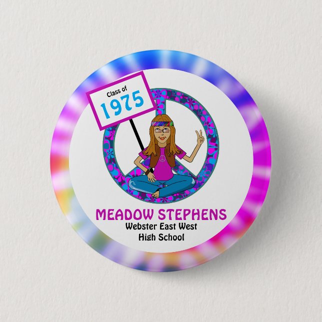 Badge Rond 5 Cm Ancien Hippie Hippy Tie Dye Classe Réunion Nom bal (Devant)