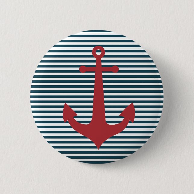 Badge Rond 5 Cm Ancrage marin rouge sur arrière - plan bleu rayé (Devant)