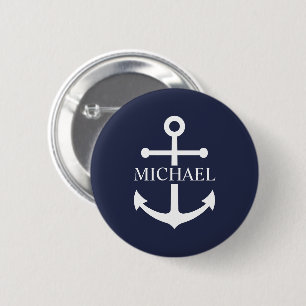 Badge Rond 5 Cm Ancre bleue marine Nom personnalisé