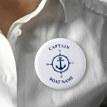 Badge Rond 5 Cm Ancre de boussole nautique Nom du bateau du capita<br><div class="desc">Marine Blue Nautical Compass Ancre et votre nom de bateau personnalisé et le bouton de classement du capitaine personnalisable.</div>
