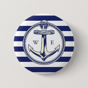 Badge Rond 5 Cm Ancre nautique Bleu marine Rayures