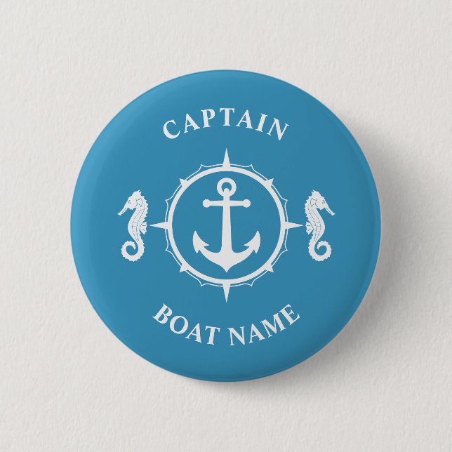 Badge Rond 5 Cm Ancre nautique Cheval de mer Capitaine Nom du bate (Devant)