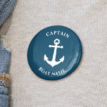 Badge Rond 5 Cm Ancre nautique vintage Capitaine Nom du bateau Ble<br><div class="desc">Blue Vintage Ancre nautique et votre nom de bateau personnalisé et le bouton de classement du capitaine personnalisable.</div>