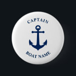 Badge Rond 5 Cm Ancre nautique vintage Capitaine Nom du bateau Mar<br><div class="desc">Marine Blue Vintage Ancre nautique et votre nom de bateau personnalisé et le bouton de classement du capitaine personnalisable.</div>
