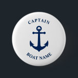 Badge Rond 5 Cm Ancre nautique vintage Capitaine Nom du bateau Mar<br><div class="desc">Marine Blue Vintage Ancre nautique et votre nom de bateau personnalisé et le bouton de classement du capitaine personnalisable.</div>