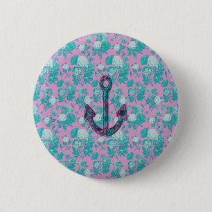 Badge Rond 5 Cm Ancre rose et bleue florale vintage