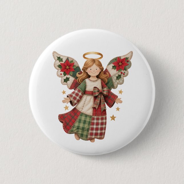 Badge Rond 5 Cm Ange de Noël avec étoiles dorées (Devant)