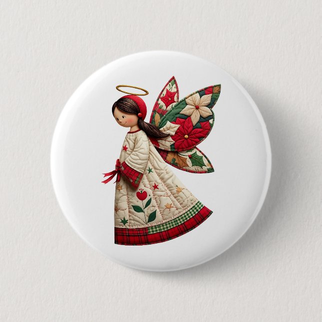 Badge Rond 5 Cm Ange de Noël avec fleurs de fêtes (Devant)