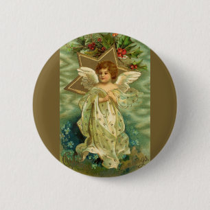 Badge Rond 5 Cm Ange de Noël victorien avec une étoile dorée vinta
