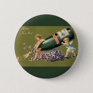 Badge Rond 5 Cm Anges vintage avec du champagne ; Bonne année