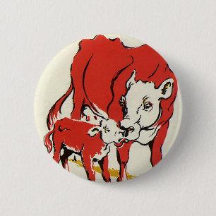 Badge Rond 5 Cm Animaux de ferme vintages, Vache Holstein avec vea